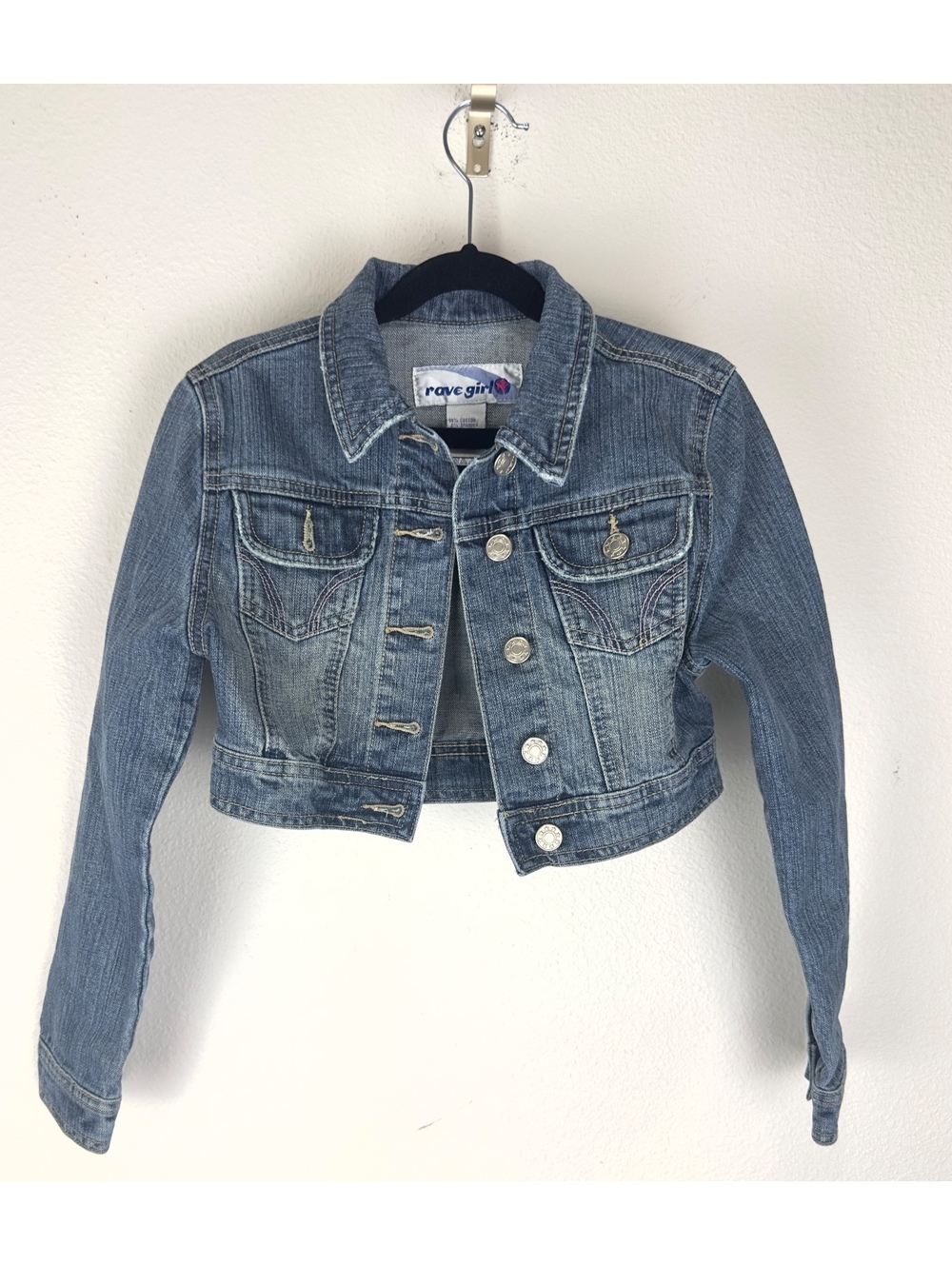 Rave Girl Cropped Denim Jacket Blue Jean Button Front Y2K Fitted Trucker